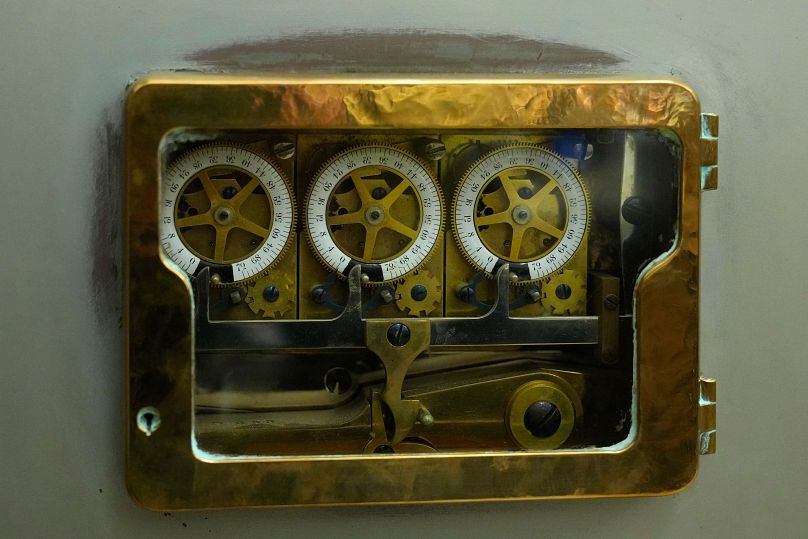 The mechanism of the old bank vault door is pictured inside the Cervantes Institute in Madrid