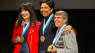 Joy Harjo, Indra Nooyi, and Rebecca Halstead take a picture together after being inducted into the National Women's Hall of Fame on September 24, 2022, in Geneva., N.Y.