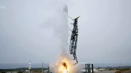 The SpaceX Falcon 9 carrying the EarthCARE satellite launches from Vandenburg Space Force Base in California.