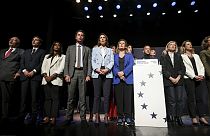 Valérie Hayer, head of the Renaissance list for the European elections, and French Prime Minister Gabriel Attal at a political meeting in Boulogne-Billancourt on 28 May.