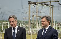 US Secretary of State Blinken talks with Moldova's Prime Minister Recean during a visit to Moldelectrica Chisinau Substation in Braila, May 29, 2024, 