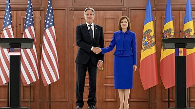 US-Außenminister Antony Blinken und die moldawischen Präsidenten Maia Sandu am Ende einer gemeinsamen Pressekonferenz in Chișinău, Moldawien, am Mittwoch, 29. Mai 2024.