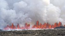 A volcano spews lava in Grindavik, Iceland, Wednesday, May 29, 2024.