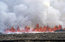 A volcano spews lava in Grindavik, Iceland, Wednesday, May 29, 2024.