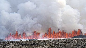 A volcano spews lava in Grindavik, Iceland, Wednesday, May 29, 2024.