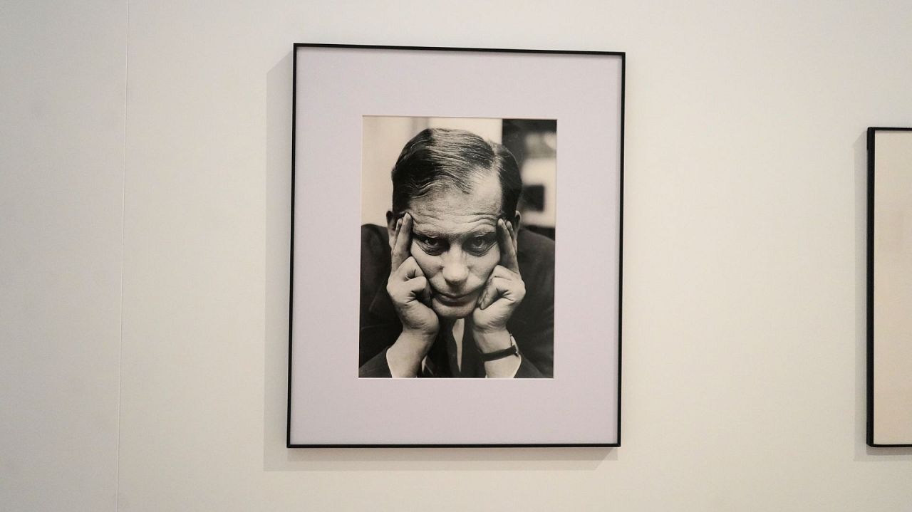 A photo of Walter Gropius by Lucia Moholy on display at the Kunsthalle Praha museum. 