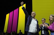 Raphael Glucksmann lead candidate of the French Socialist Party for the upcoming European election, arrives onstage during a meeting in Paris, Thursday, May 30, 2024. 