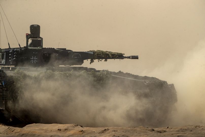 A German army main battle tank Leopard 2A7V takes part in a Lithuanian-German international military exercise.