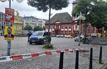The area is cordoned off as police and firefighters are deployed following an incident on Mannheim's market square, Germany, Friday, May 31, 2024.