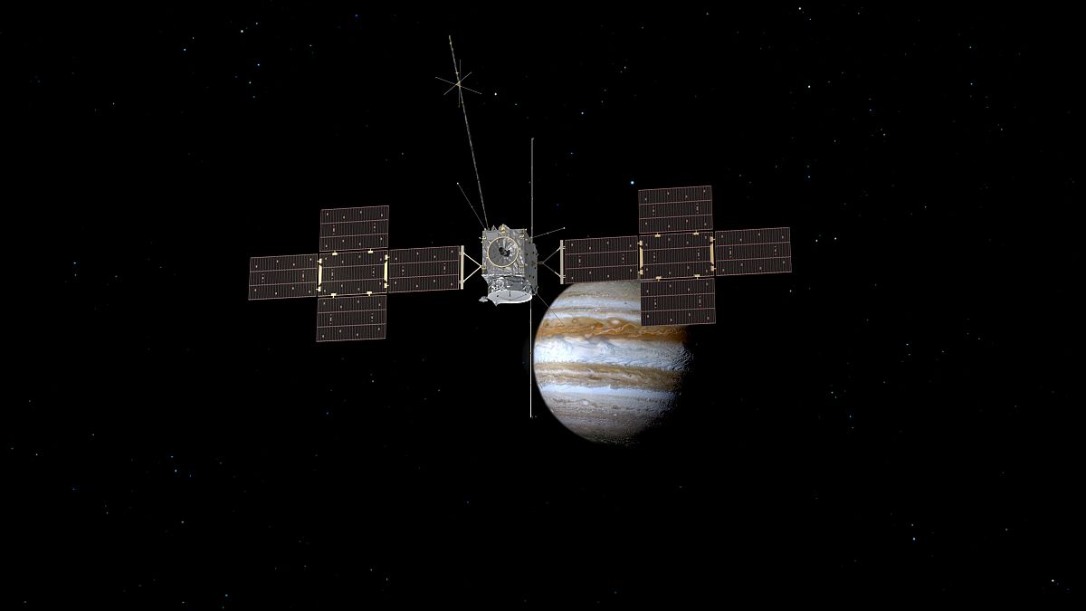 This image depicts the Jupiter Icy Moons Explorer, Juice, spacecraft orbiting the gas giant.