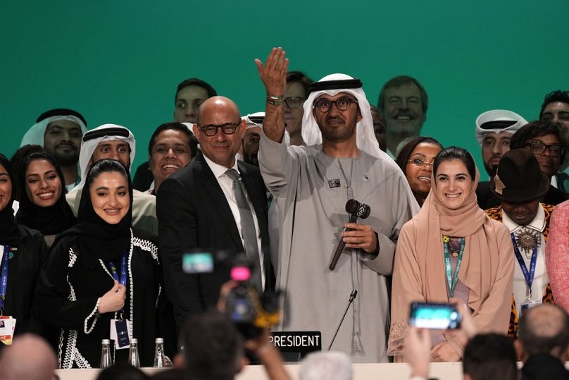 United Nations Climate Chief Simon Stiell, from left, COP28 President Sultan al-Jaber and Hana Al-Hashimi, chief COP28 negotiator for the United Arab Emirates.