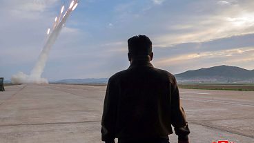 Sur cette photo non datée fournie le 31 mai 2024 par le gouvernement nord-coréen, Kim Jong Un supervise des exercices de tir.