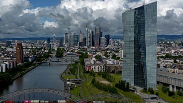 The banking district with the European Central Bank, in Frankfurt, Germany,