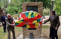 Richard Blair and Quentin Kopp unveil the Huesca monument paying tribute to British writer George Orwell, May 19 2024.