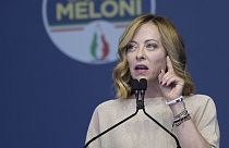 Italian Premier Giorgia Meloni delivers her speech during at an electoral rally ahead of the EU parliamentary elections that will take place in Italy on 8 and 9 June, in Rome,