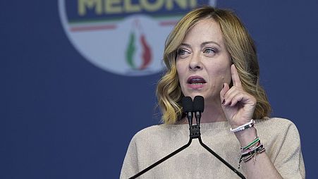 Italian Premier Giorgia Meloni delivers her speech during at an electoral rally ahead of the EU parliamentary elections that will take place in Italy on 8 and 9 June, in Rome,