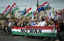 People march during a rally in support of Hungary's Prime Minister Viktor Orbán and his party in Budapest, Hungary on Saturday, June 1, 2024. (AP Photo/Denes Erdos)