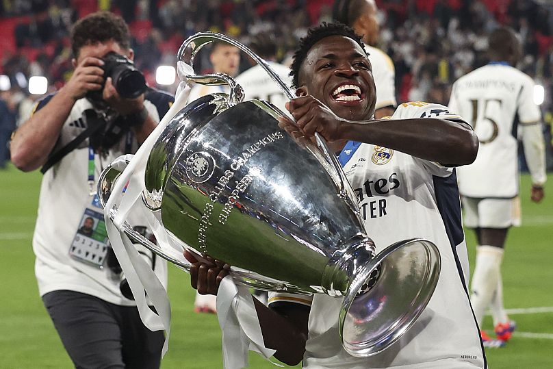 Real Madrid's Vinicius Junior celebrates at the end of the Champions League final soccer match between Borussia Dortmund and Real Madrid, June 1, 2024