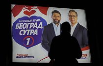 Pre-election billboard showing Serbian President Aleksandar Vucic, right, and Belgrade mayor candidate Aleksandar Sapic in Belgrade, Serbia, Wednesday, May 29, 2024.