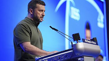 Ukraine's President Volodymyr Zelenskyy speaks during the 21st Shangri-La Dialogue summit in Singapore, Sunday, June 2, 2024. (AP Photo/Vincent Thian)