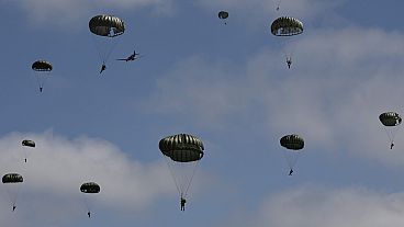 Parachute drop in Carentan-Les-Marais in Normandy, France on Sunday, June 02, 2024, ahead of D-Day 80th anniversary commemorations. 