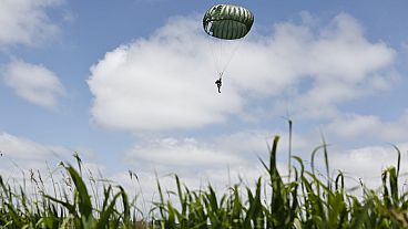 Parachute drop in Carentan-Les-Marais in Normandy, France on Sunday ahead of D-Day 80th anniversary commemorations