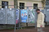 A man walks past a row of campaign boards for the upcoming European election in Versailles west of Paris, Friday, May 31, 2024. 