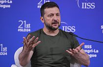 Le président ukrainien Volodymyr Zelensky s'exprime lors du dialogue de Shangri-La, le 2 juin 2024 à Singapour.