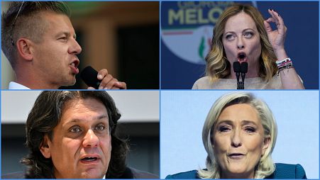 Magyar Péter, Giorgia Meloni, Deutsch Tamás és Marine le Pen
