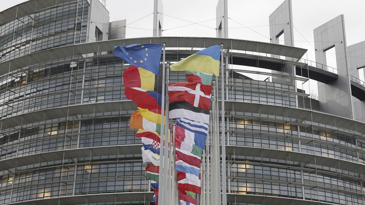 Des drapeaux européens flottent devant le Parlement européen, le mercredi 7 février 2024 à Strasbourg en France.