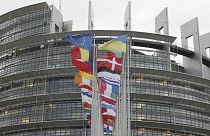 European flags fly outside the European Parliament Wednesday, Feb. 7, 2024 in Strasbourg, France.