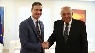 Sánchez recibe al ministro de Exteriores de Egipto, Sameh Shoukry, este lunes en el Palacio de la Moncloa, en Madrid.