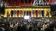Demonstrators gather at the Parliamentary building during an opposition protest against the foreign influence bill in Tbilisi, Georgia,