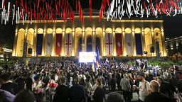 Demonstrators gather at the Parliamentary building during an opposition protest against the foreign influence bill in Tbilisi, Georgia,