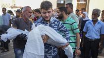 أب يحمل جثمان طفله بعد قصف إسرائيلي في دير البلح.