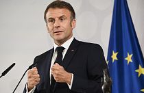 French President Emmanuel Macron speaks in Muenster, Germany, Tuesday May 28, 2024. 