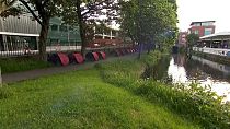 Campamento de tiendas de campaña en torno a un canal en Dublín
