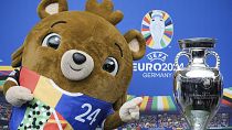 Tournament mascot 'Albaert' during the presentation of the 'EURO 2024' football tournament trophy at the Olympic Stadium in Berlin, Germany, April 24, 2024. 