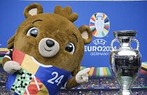 Tournament mascot 'Albaert' during the presentation of the 'EURO 2024' football tournament trophy at the Olympic Stadium in Berlin, Germany, April 24, 2024. 
