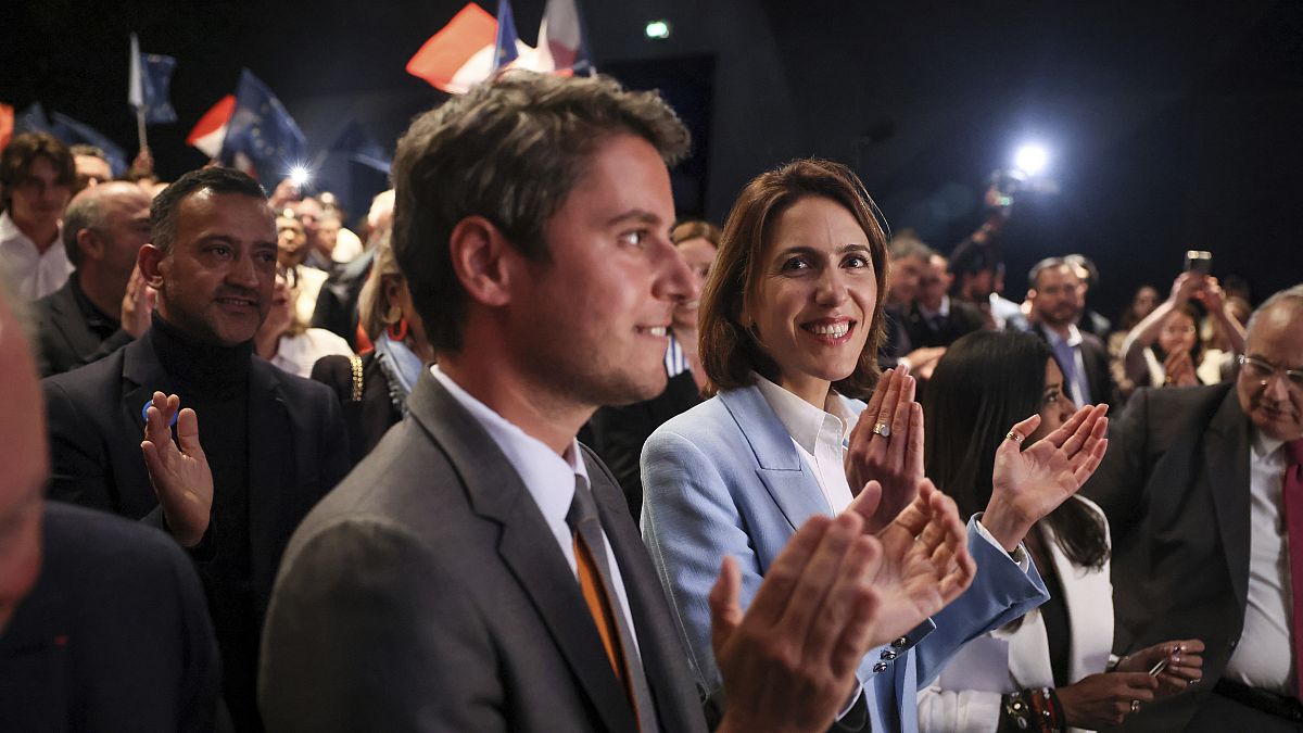 Valerie Hayer of the presidential Renew party and French Prime Minister Gabriel Attal, in Boulogne-Billancourt, outside Paris, Tuesday, May 28, 2024.