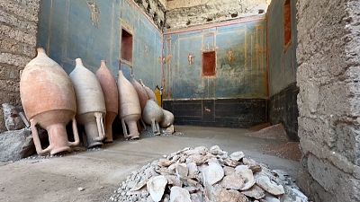 Ongoing excavations in Pompei reveal blue walled shrine