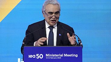 Executive director of the International Energy Agency Fatih Birol speaks during the International Energy Agency 2024 ministerial meeting and 50th Anniversary event in Paris.