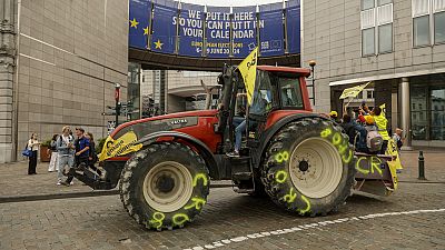 Des agriculteurs défilent avec des tracteurs lors d'une manifestation devant le Parlement européen à Bruxelles, mardi 4 juin 2024. 