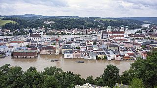 Teile der bayerischen Altstadt von Passau sind von der Donau überflutet, in Deutschland, Dienstag, 4. Juni 2024.