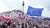 Thousands of supporters of the pro-European Union Poland government listen to Prime Minister Donald Tusk speaking during a rally in Warsaw, Poland, Tuesday June 4, 2024.