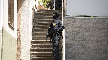 Ein Polizeibeamter steht mit einer Maschinenpistole vor einer Tür in Althengstett, Deutschland, Dienstag, 4. Juni 2024. 
