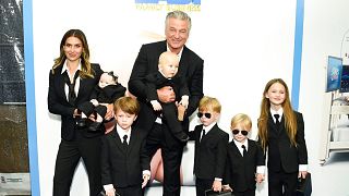  Alec Baldwin, center, poses with his wife, Hilaria Baldwin, and six of their children at the world premiere of "The Boss Baby: Family Business" in New York on 22 June 2021.