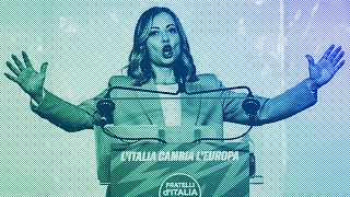 Italian PM Giorgia Meloni speaks on the last of a three-day Brothers of Italy party conference ahead of the June elections for the European Parliament, in Pescara, April 2024