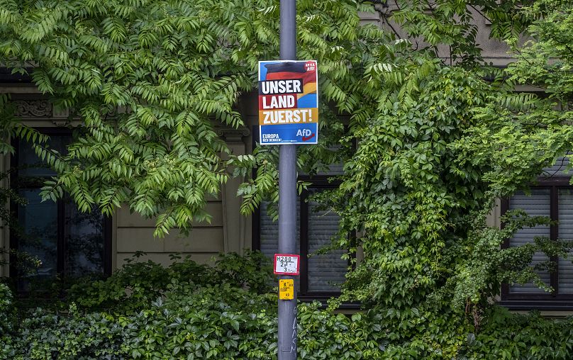 With the slogan 'Our country first' the far-right Alternative for Germany party, AfD campaigning for votes on an election poster for the European Election in Frankfurt, German