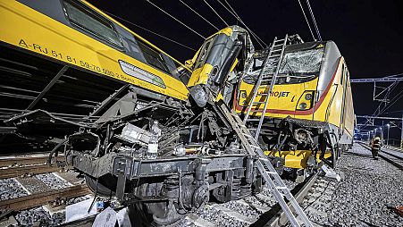 This photo released by Fire Department of Pardubice region shows a collided train in Pardubice, Czech Republic Thursday, June 6, 2024.